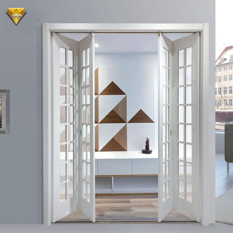 French Style Folding up Door Solid Wood/MDF/PVC Laminated Paint-Free Bi-Fold Glass Door with Decoration Grill