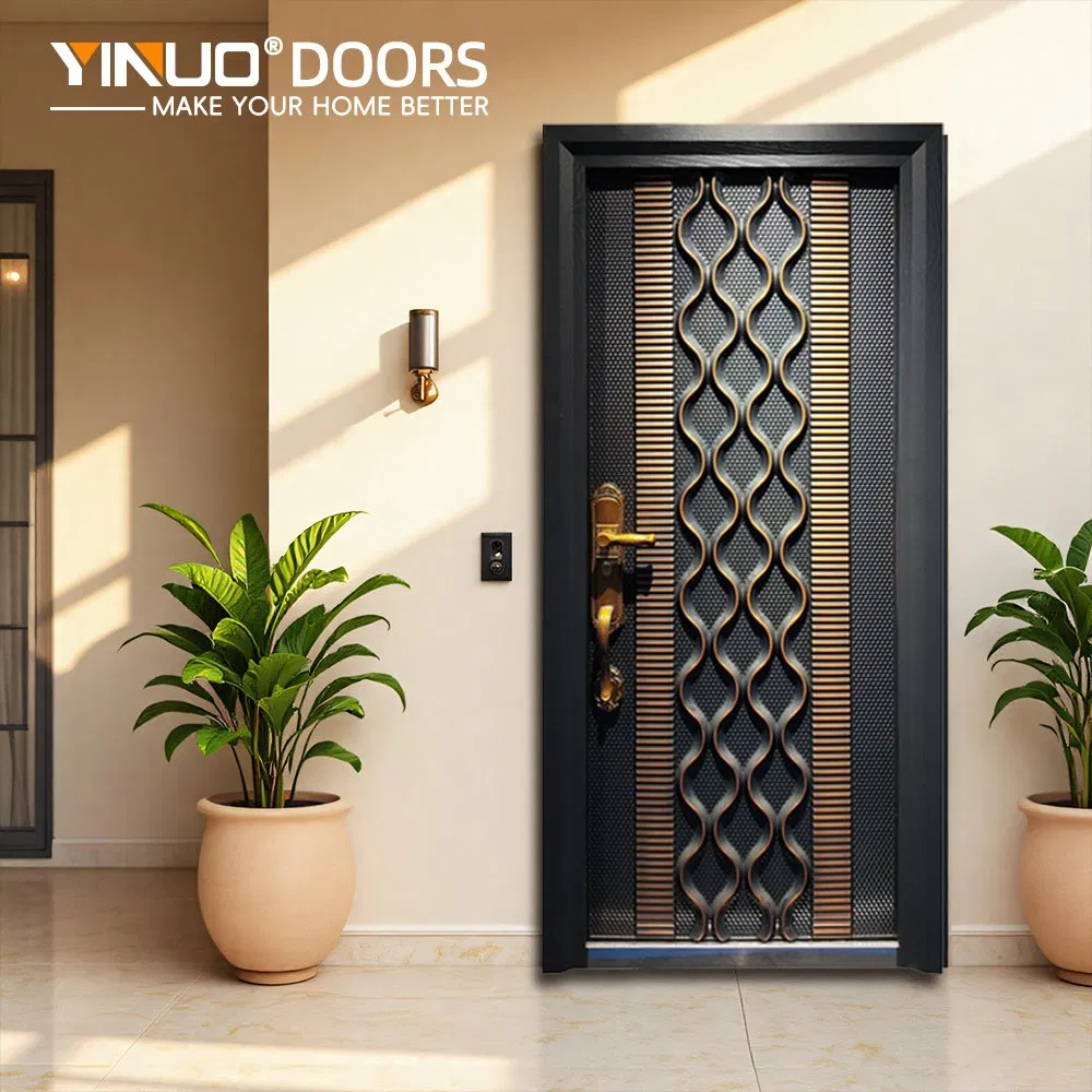 Luxury Entry Door Modern Wrought Iron Construction with Handcrafted Copper Patina