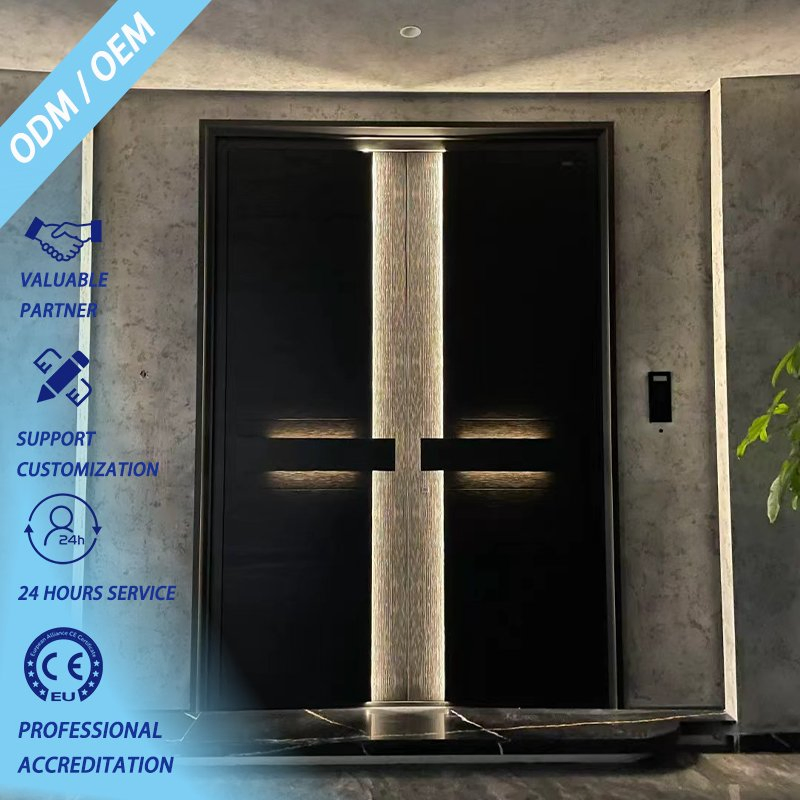 High-End Villa All Cast Aluminum Carved Entry Door High Security Class Explosion-Proof with Lights Cast Aluminum Entry Door