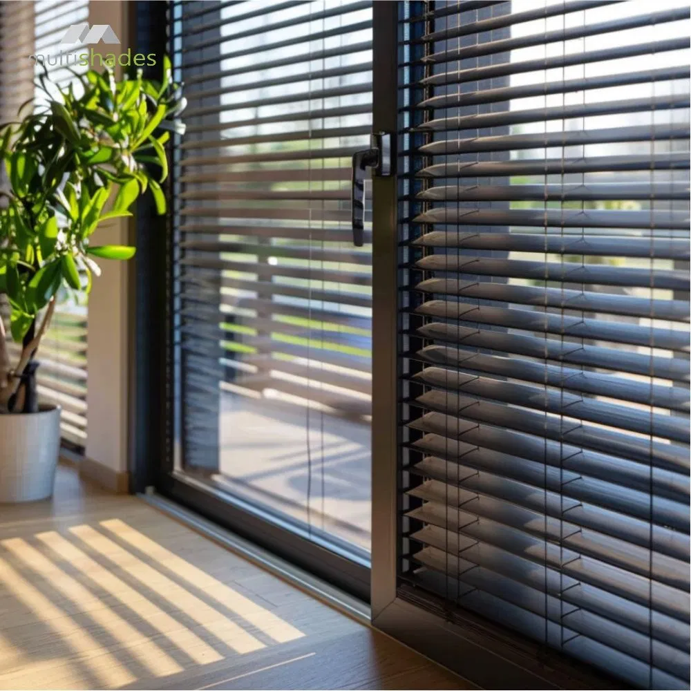 Multishades Minimalist Steel Security Metal Sliding Door Aluminum Interior OEM Chinese Factory Double Glazed Glass Apartment with Motorized Automatic Blinds