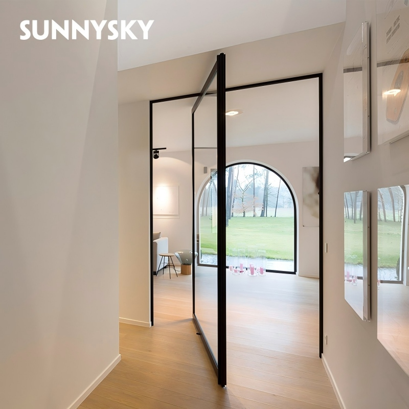Morden Design Pivot Front Door Black Aluminum Frame Tempered Glass Electronal Entry Pivot Doors