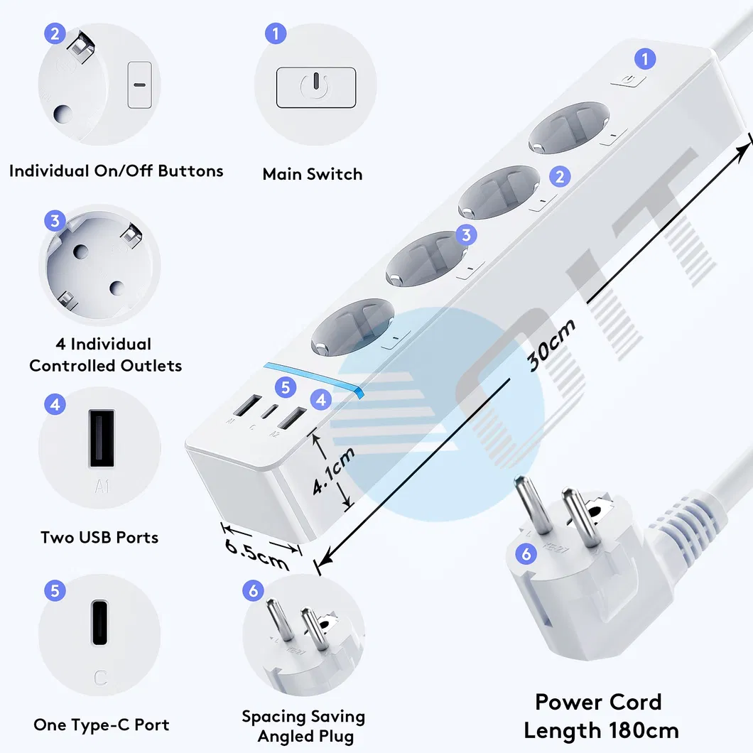 Protetor de Surto com Controle Remoto, USB, Tomada Inteligente com Plugue EU
