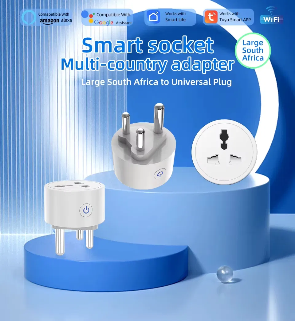 Adaptador de Plugue Inteligente Tuya Índia África do Sul para Tomada Universal Inteligente com Monitor de Energia Alexa Google, 6 Modos de Temporização, Controle em Grupo