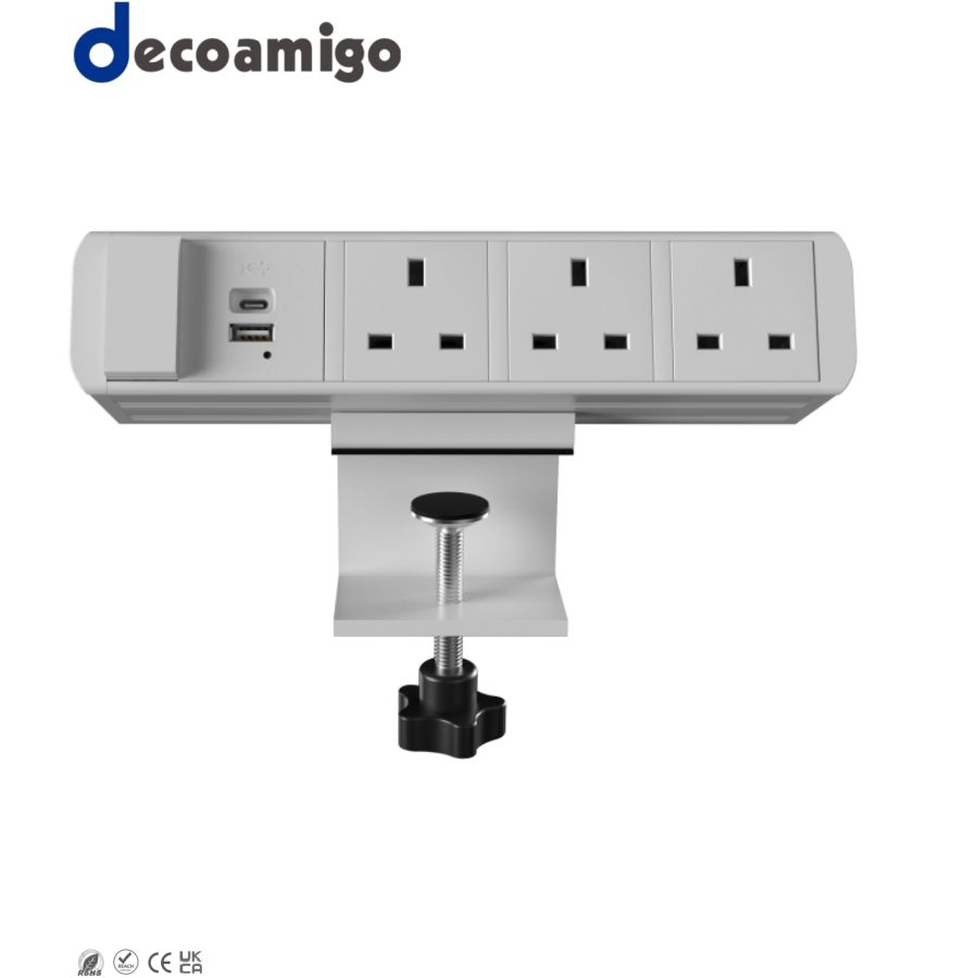 Decoamigo Tomadas de Mesa Multifuncionais com Pd20W Cabo Retrátil USB-C 3AC 2USB Protetor de Surto de Energia Montado na Mesa