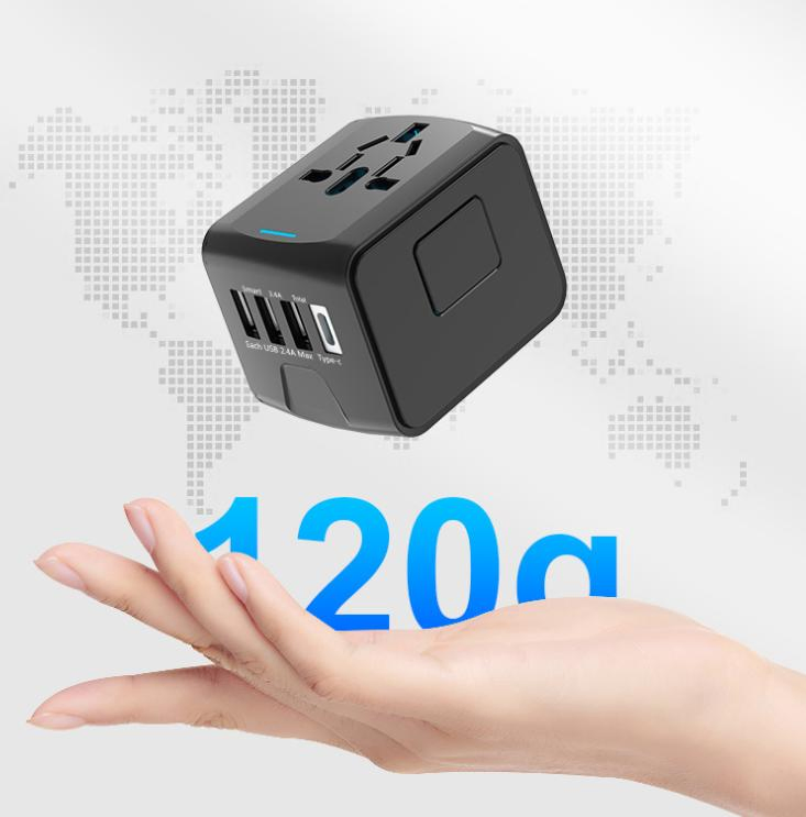 Adaptador de Saída de Energia Portátil Protetor de Plugue Conversor de Tomada Multi País 3 Adaptador USB e Tipo-C para Escritório Escola Viagem Preto