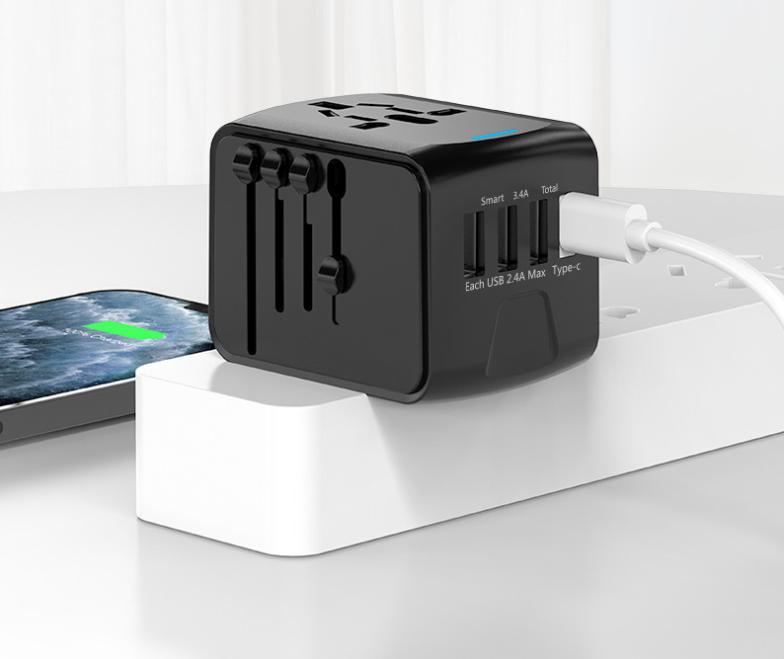 Adaptador de Saída de Energia Portátil Protetor de Plugue Conversor de Tomada Multi País 3 Adaptador USB e Tipo-C para Escritório Escola Viagem Preto