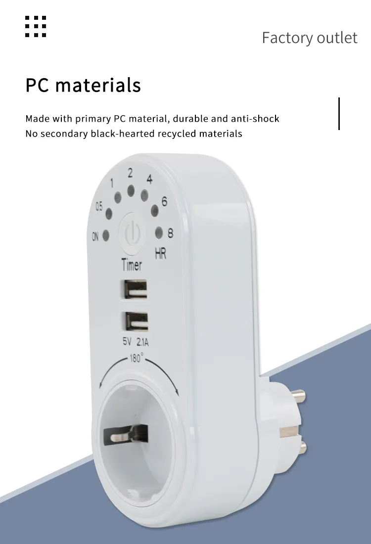 Tomada Profissional com Temporizador Mecânico para Carregamento de Carros e Tomada USB para Plugues e Tomadas