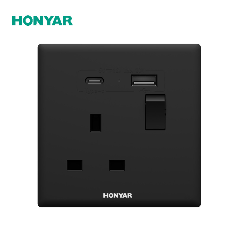 Tomada de Parede Honyar Elétrica Sem Parafuso com Sensação de Pele Única 13A e 20W Carregamento Rápido USB