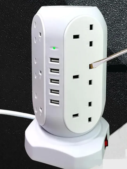 Protetor de Surto Torre de Tomadas 12 com Portas de Carregamento USB 5, Cabo de Extensão de 5.9 Pés, Branco