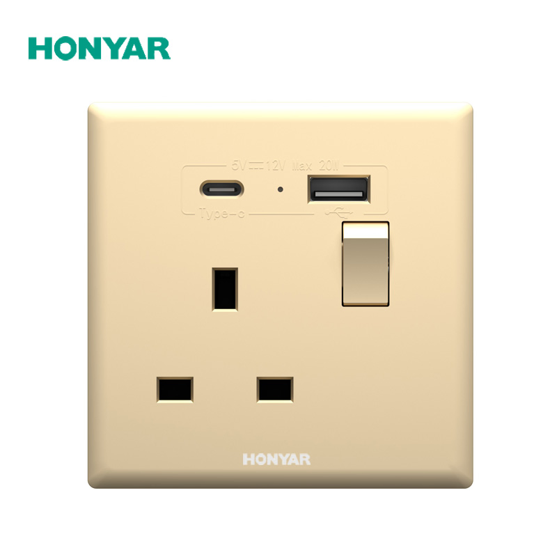 Tomada de Parede Honyar Elétrica Sem Parafuso com Sensação de Pele Única 13A e 20W Carregamento Rápido USB