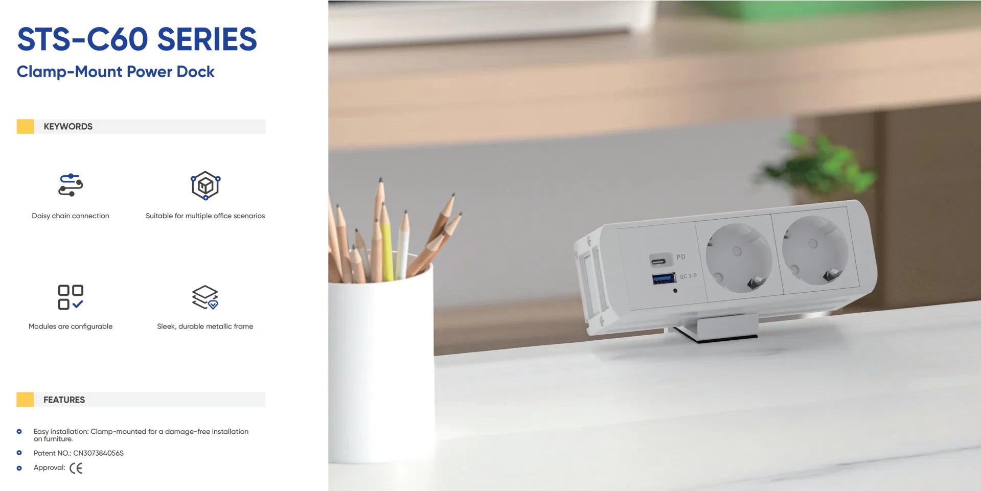 Tomadas de Mesa Multifuncionais com Pd20W Cabo Retrátil USB-C 3AC 2USB Protetor de Surto de Energia Montado na Mesa