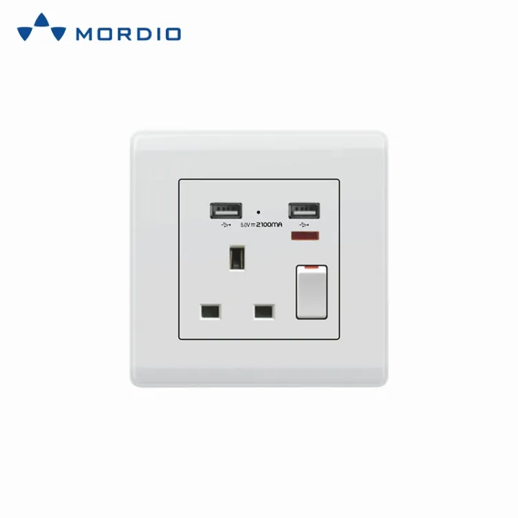 13 um Soquete de Parede Branco com Carregamento Rápido em Formato Quadrado com Duas Portas USB de Carregamento 2.1 um 5V