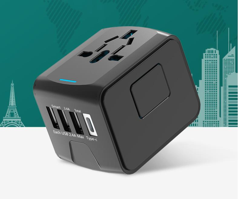 Adaptador de Saída de Energia Portátil Protetor de Plugue Conversor de Tomada Multi País 3 Adaptador USB e Tipo-C para Escritório Escola Viagem Preto