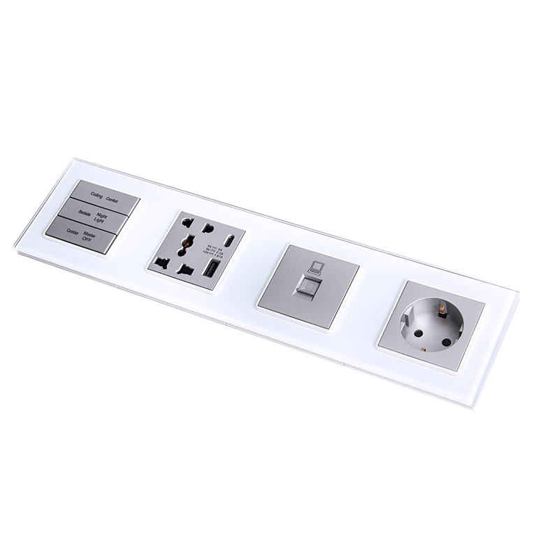 Tomada de Parede Europeia com Interruptor de Botão Pressionável para Carregamento USB+Tipo C em Vidro Temperado Branco 4