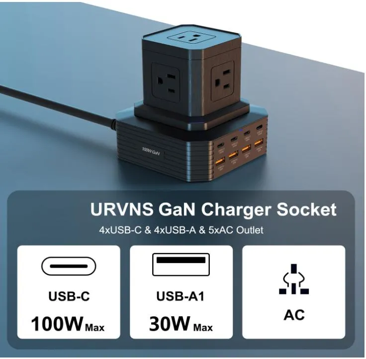 Protetor de Surto Torre de Energia, 6.6FT Extensão com 5 Tomadas AC 8 Portas USB, Proteção contra Sobrecarga para Casa, Escritório, Quarto de Estudante