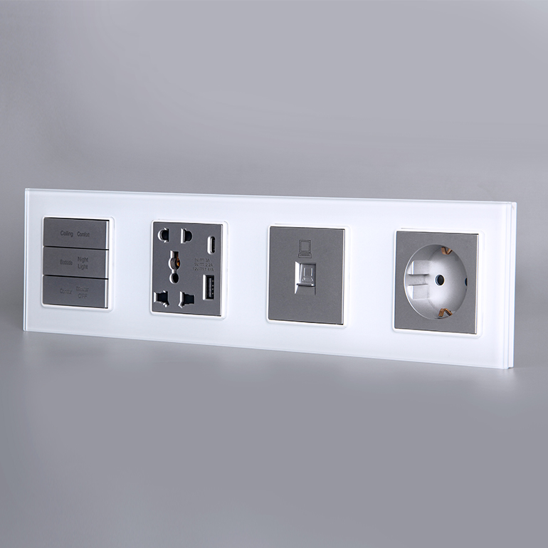 Tomada de Parede Europeia com Interruptor de Botão Pressionável para Carregamento USB+Tipo C em Vidro Temperado Branco 4