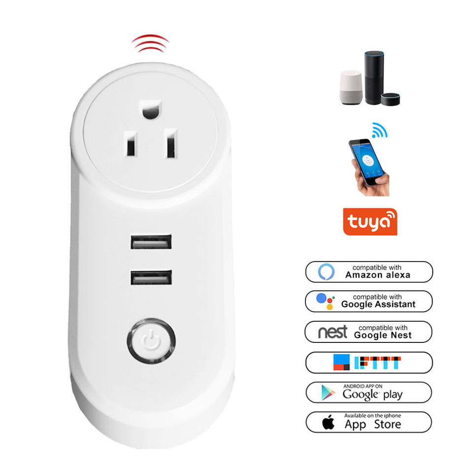 Casa Inteligente 10A Tomada Inteligente Tuya WiFi com Controle Remoto por Voz Branca e 2 Soquete de Energia USB