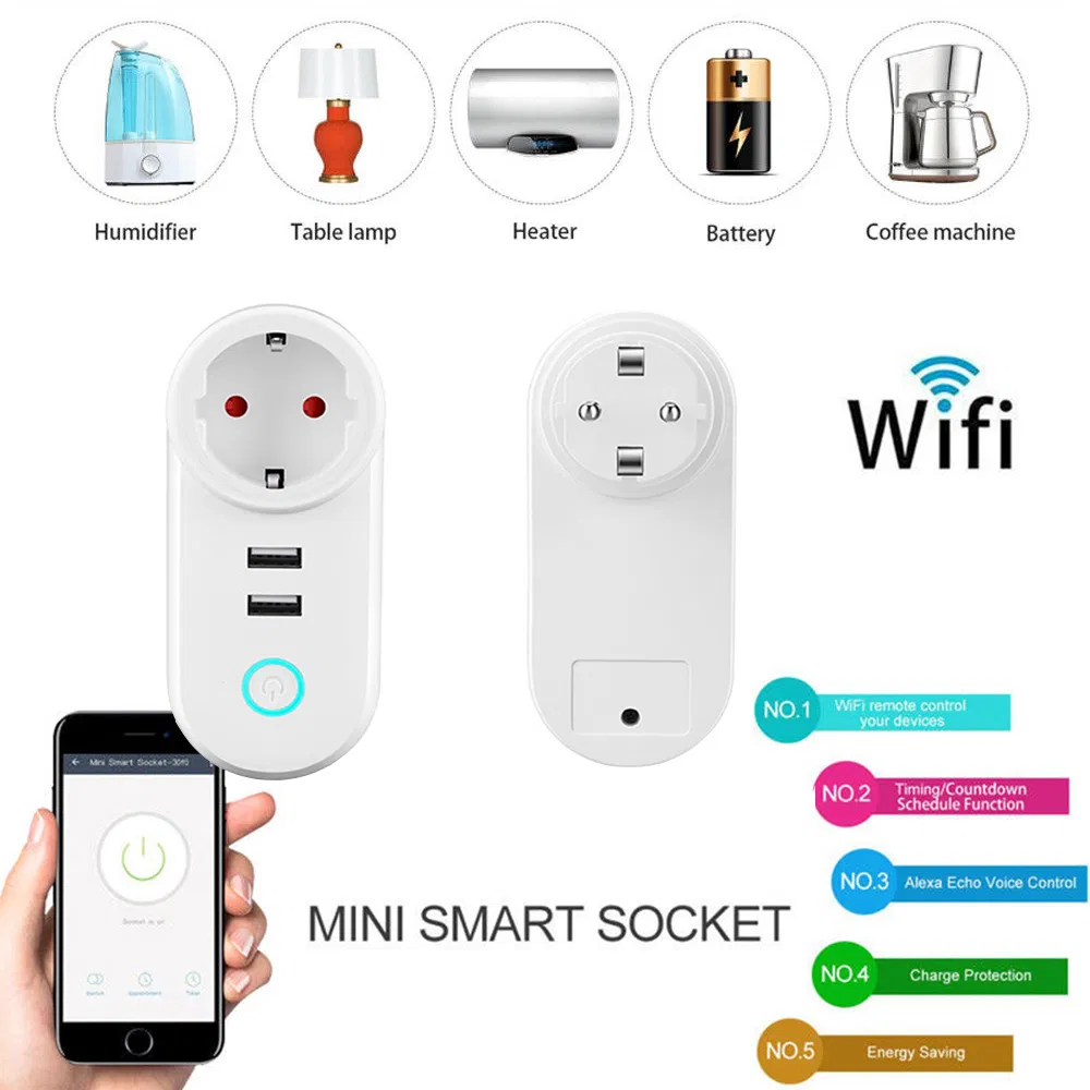 Plug Inteligente Amazon Padrão UE Tomadas Tuya 2USB Tomada de Parede Alexa Controle Remoto WiFi Tuya Casa