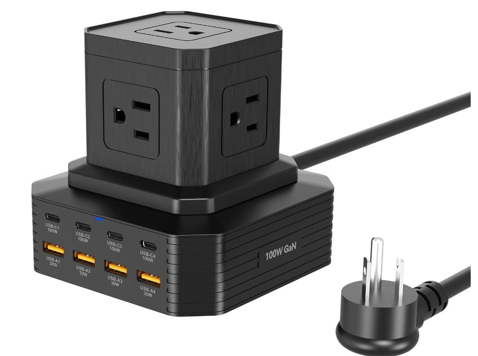 Protetor de Surto Torre de Energia, 6.6FT Extensão com 5 Tomadas AC 8 Portas USB, Proteção contra Sobrecarga para Casa, Escritório, Quarto de Estudante