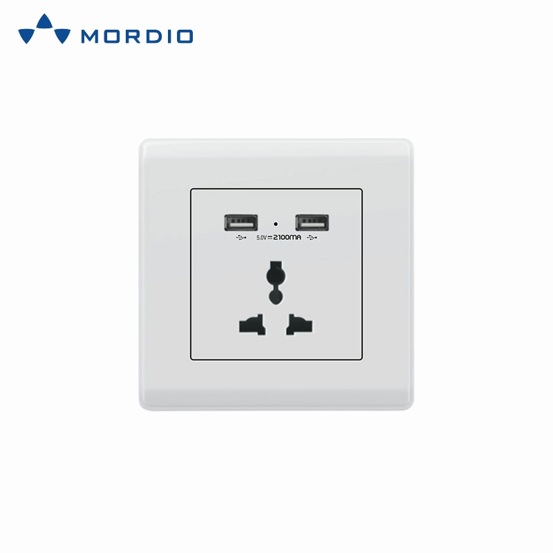 13 um Soquete de Parede Branco com Carregamento Rápido em Formato Quadrado com Duas Portas USB de Carregamento 2.1 um 5V