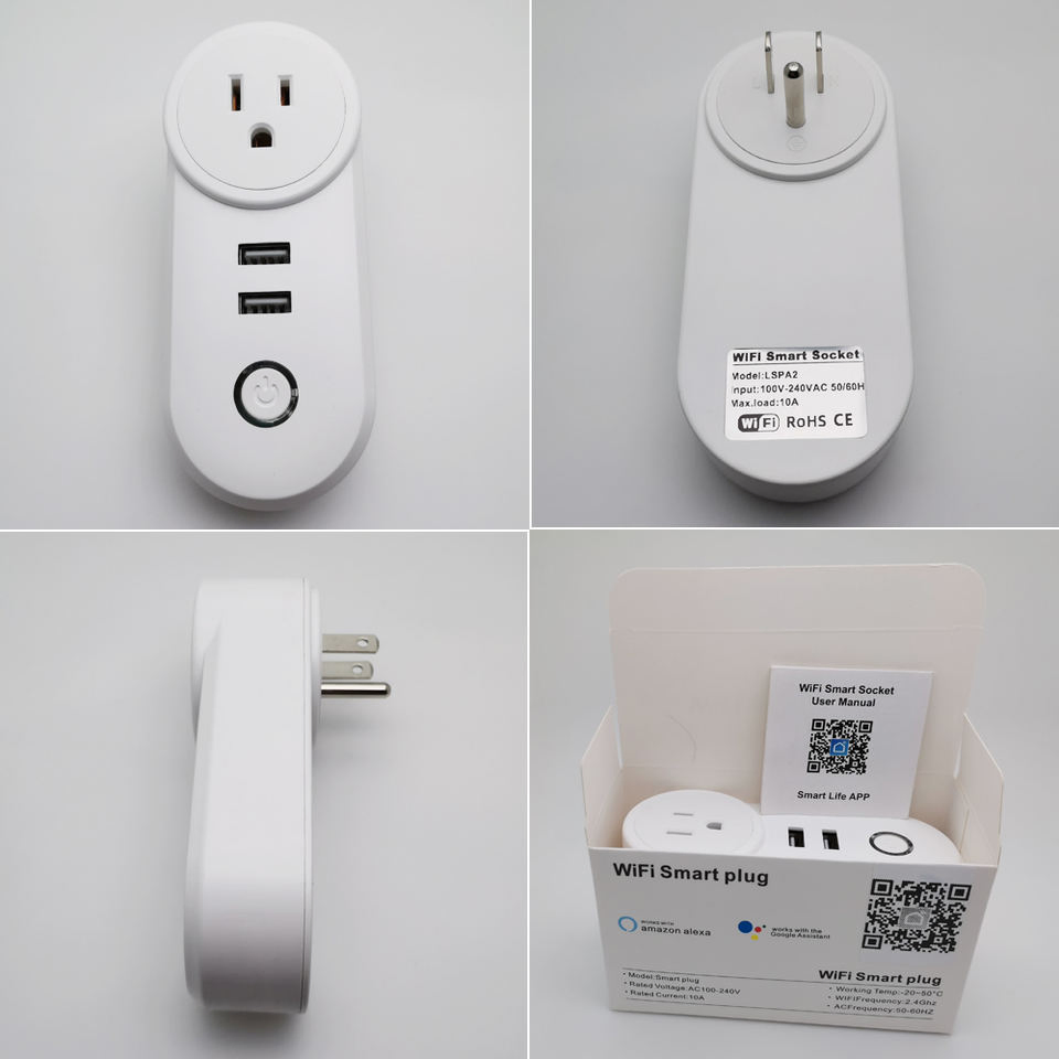 Casa Inteligente 10A Tomada Inteligente Tuya WiFi com Controle Remoto por Voz Branca e 2 Soquete de Energia USB