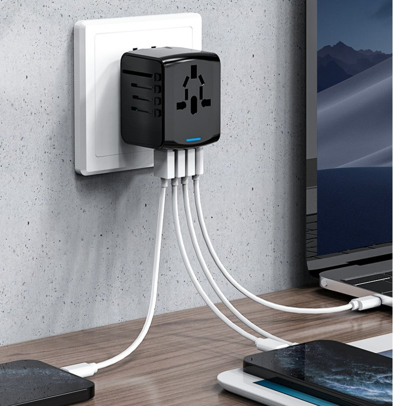 Adaptador de Saída de Energia Portátil Protetor de Plugue Conversor de Tomada Multi País 3 Adaptador USB e Tipo-C para Escritório Escola Viagem Preto
