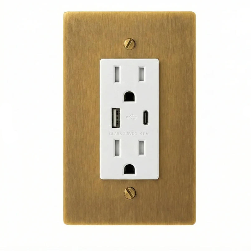 15A Tomada de parede de bronze padrão dos EUA, soquete de carregamento USB em latão sólido
