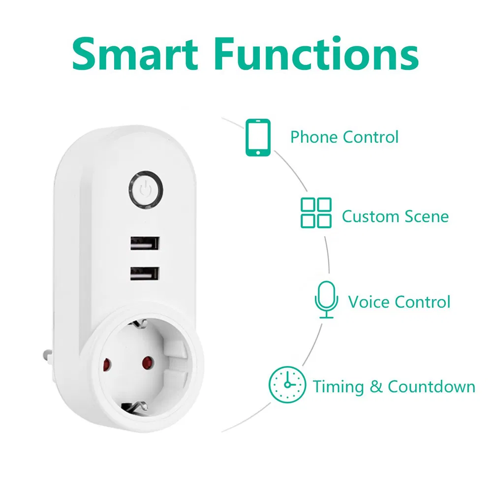 Plug Inteligente Amazon Padrão UE Tomadas Tuya 2USB Tomada de Parede Alexa Controle Remoto WiFi Tuya Casa