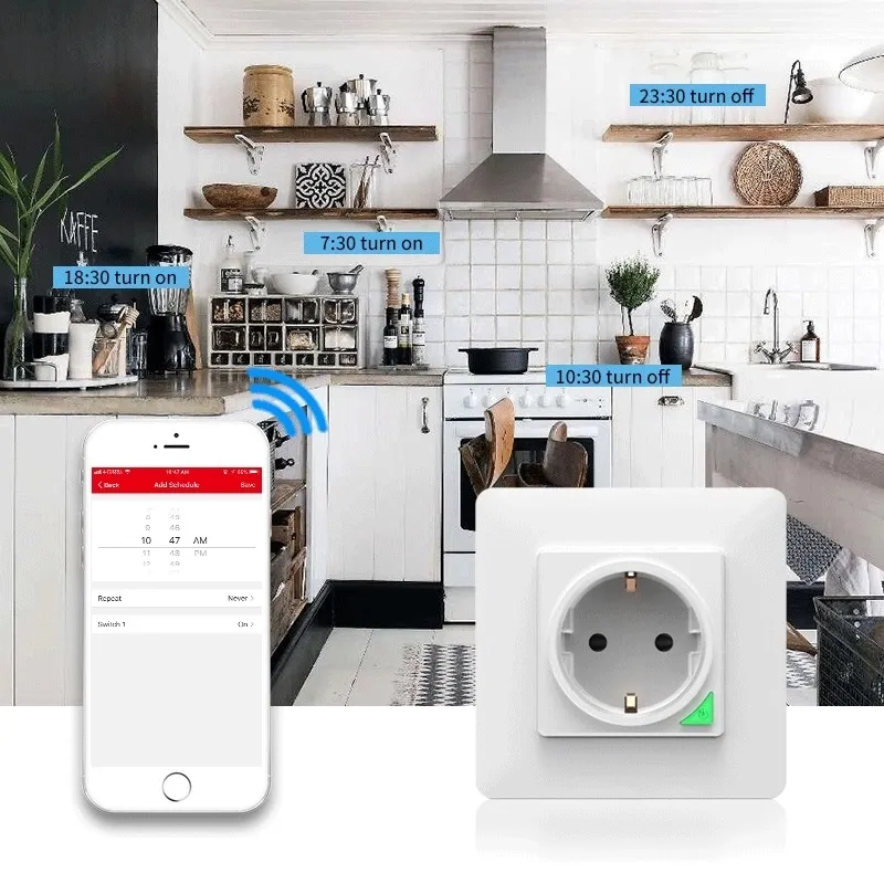 Plugue de Energia Wi-Fi Tuya Smart 16A Padrão EU em Tomada de Parede Suporte a Múltiplas Combinações
