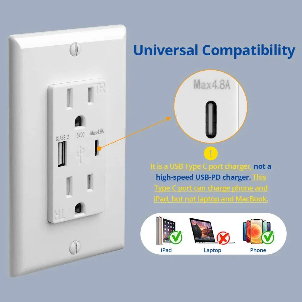 Tomada padrão dos EUA com USB tipo A e soquete de carregamento rápido tipo C