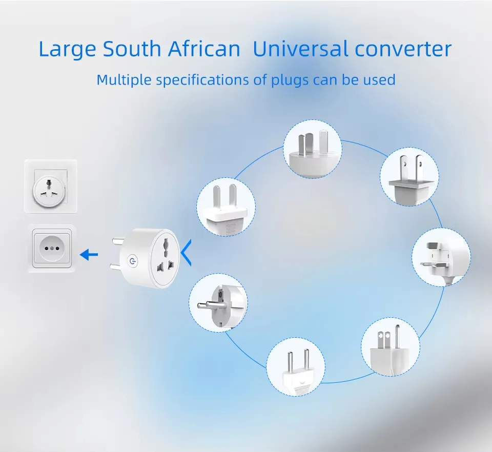 Adaptador de Plugue Inteligente Tuya Índia África do Sul para Tomada Universal Inteligente com Monitor de Energia Alexa Google, 6 Modos de Temporização, Controle em Grupo