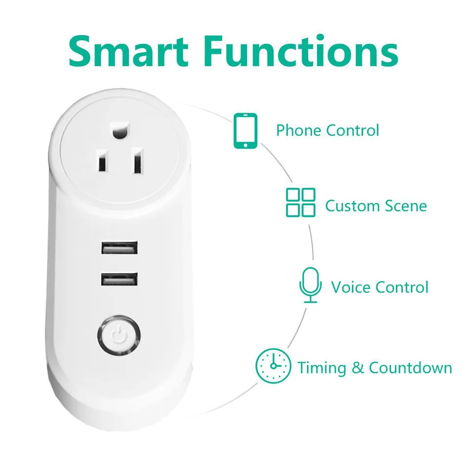 Casa Inteligente 10A Tomada Inteligente Tuya WiFi com Controle Remoto por Voz Branca e 2 Soquete de Energia USB