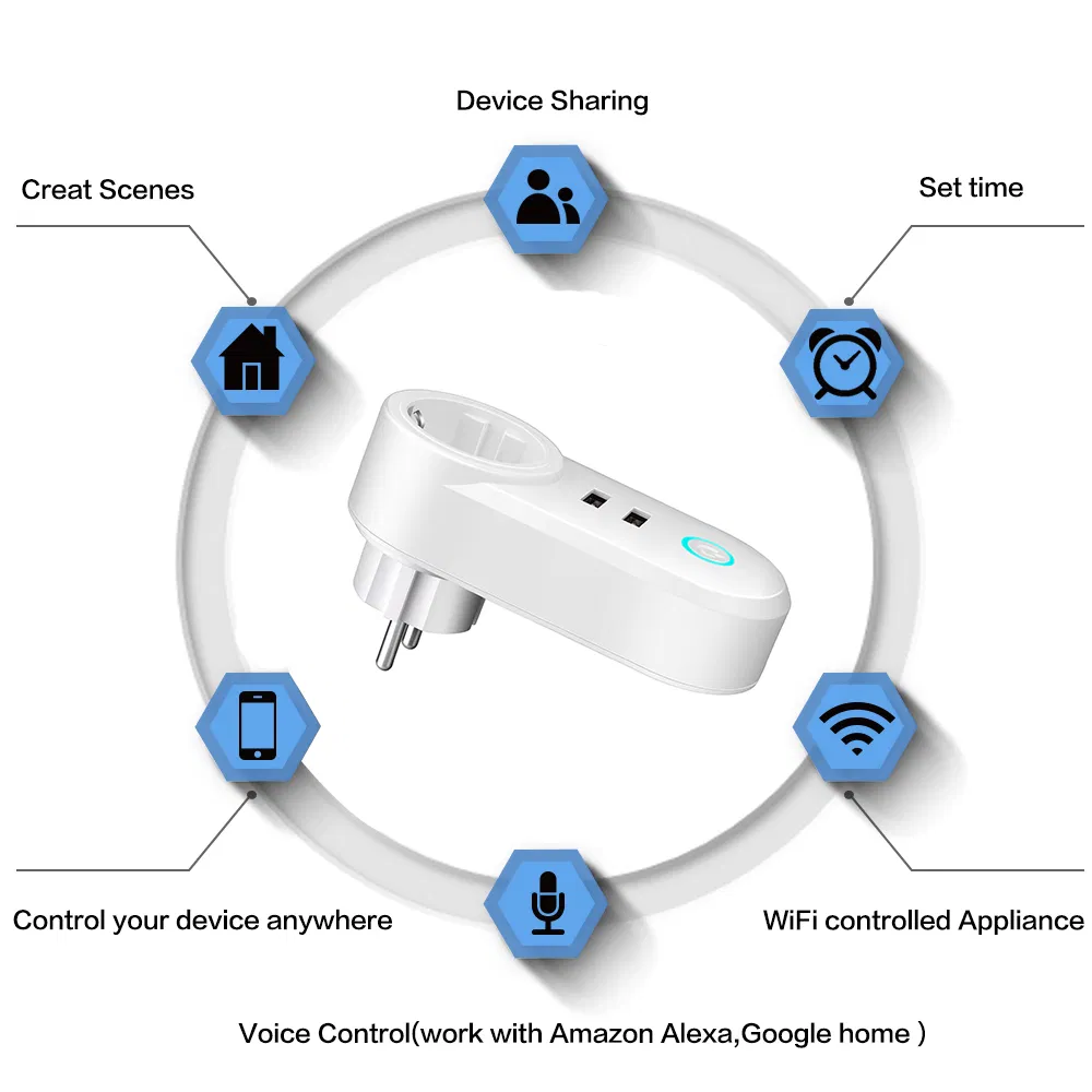 Plug Inteligente Amazon Padrão UE Tomadas Tuya 2USB Tomada de Parede Alexa Controle Remoto WiFi Tuya Casa