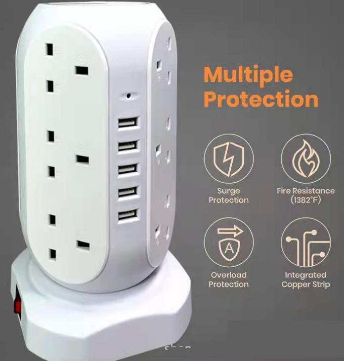 Protetor de Surto Torre de Tomadas 12 com Portas de Carregamento USB 5, Cabo de Extensão de 5.9 Pés, Branco