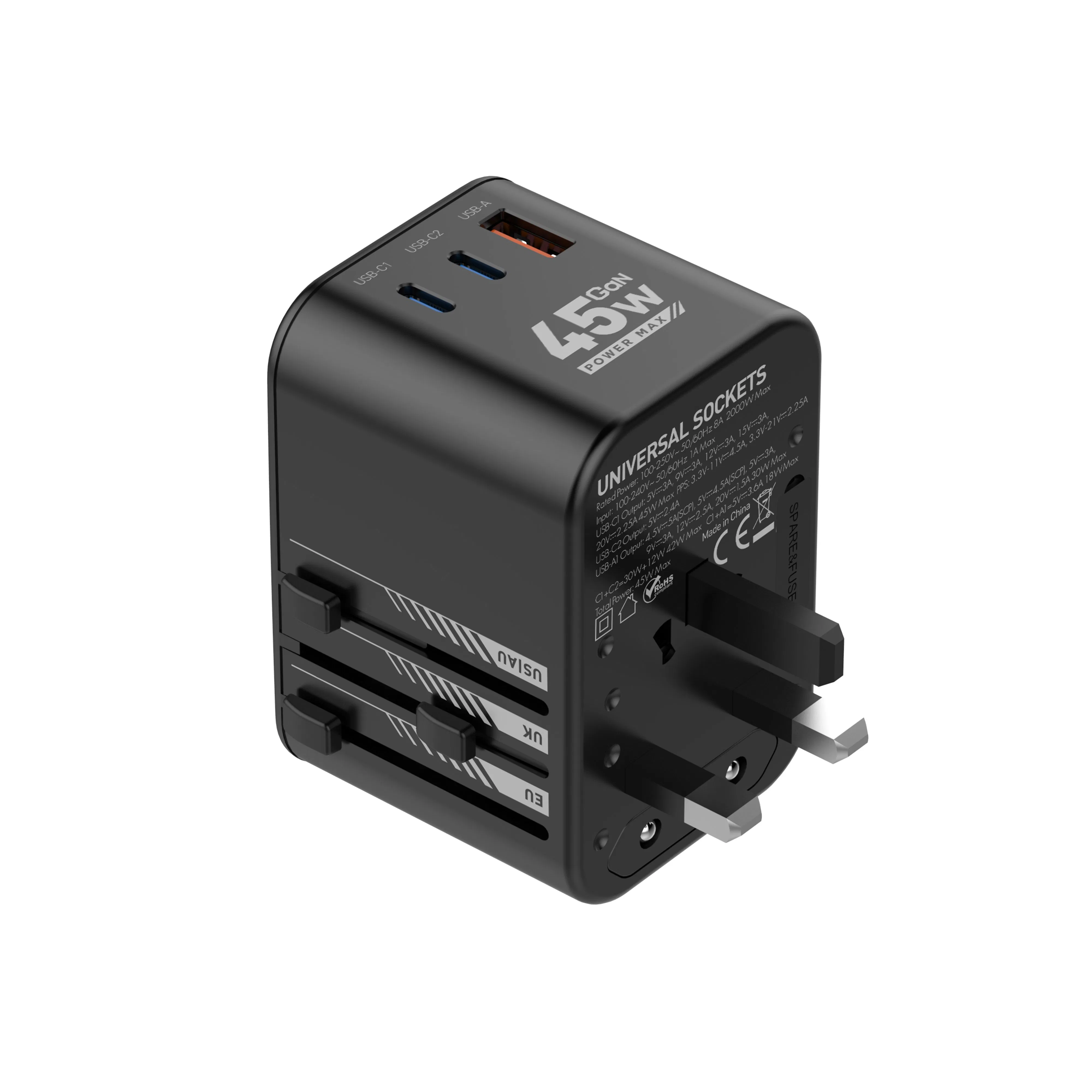 Ldnio Z8 Adaptador Universal GaN 45W Conversor de Tomada Multi País com Carregamento Inteligente Us/EU/UK/Au