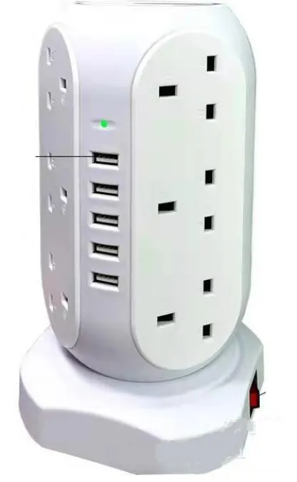 Protetor de Surto Torre de Tomadas 12 com Portas de Carregamento USB 5, Cabo de Extensão de 5.9 Pés, Branco