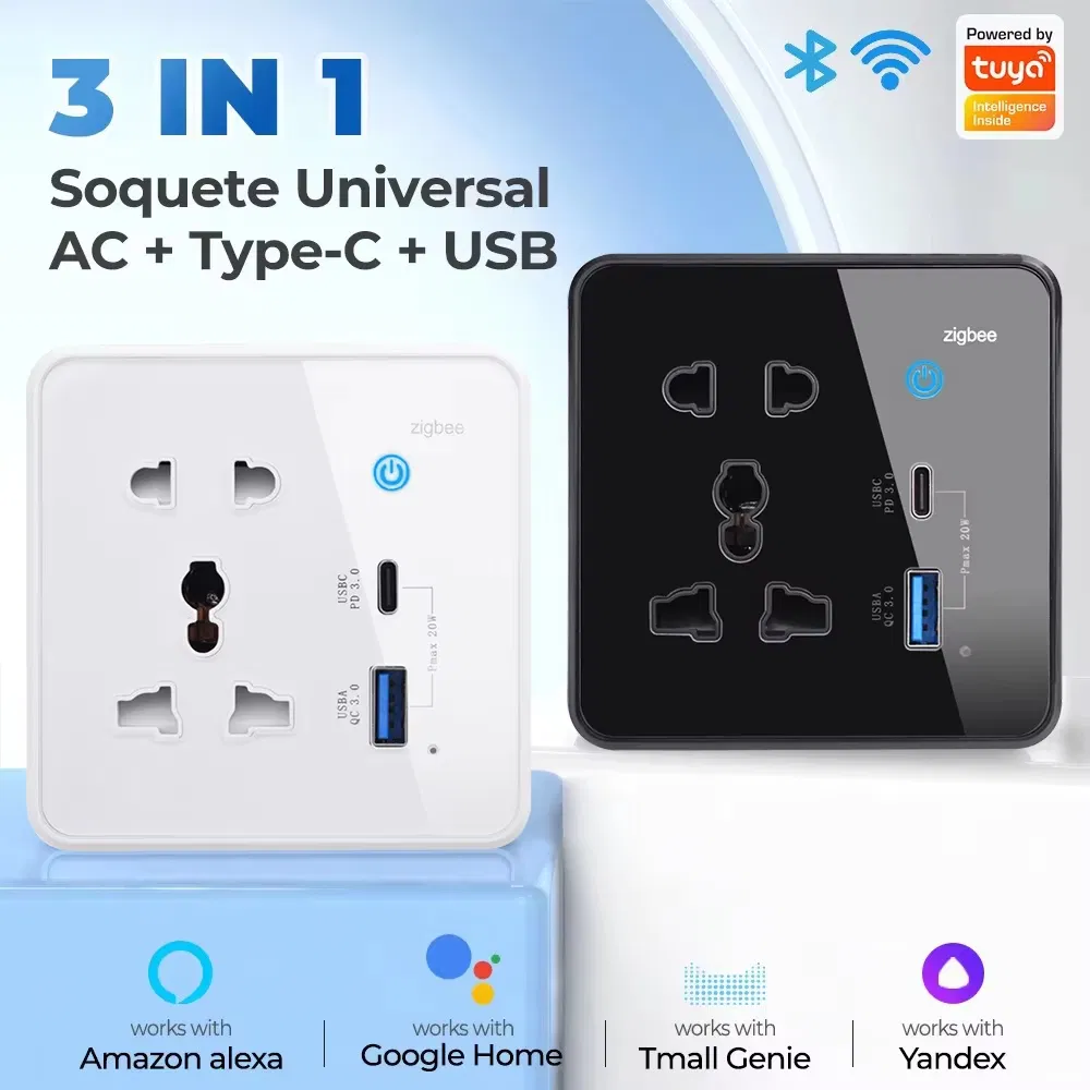 Tomada Universal Inteligente 10A Zigbee Tuya WiFi Sem Fio USB Tipo C com Alexa e Google Home Casa Inteligente