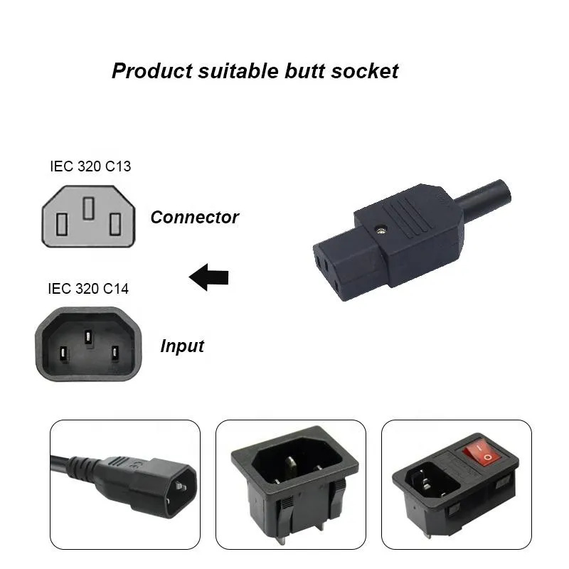 Cabo de Extensão de Energia UL 15A 250V IEC C14 com Conector de Plugue Industrial Masculino e Feminino C13