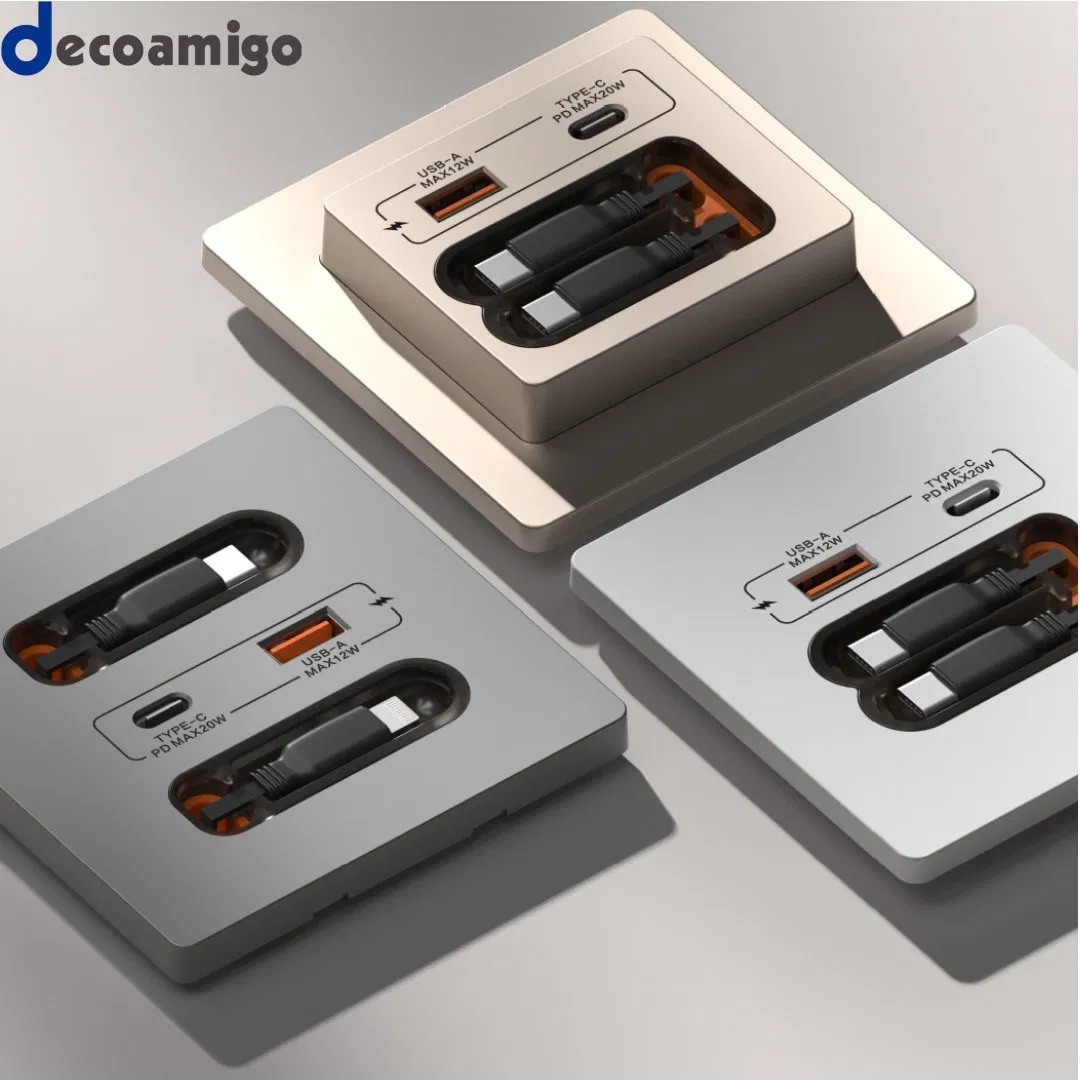 Decoamigo Inovador 2025 Soquete USB Multifuncional com Cabo de Carregamento 20W Painel de Tomada de Energia Tipo C para Parede