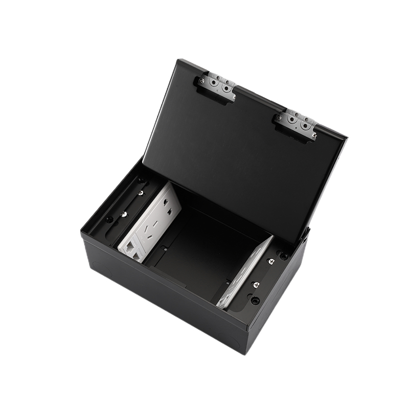 Caixa de Piso Oculta Recessada com Revestimento em Pó Preto Fosco e 4 Tomada Elétrica Universal EU UK CAT6 Módulo de Dados USB-C