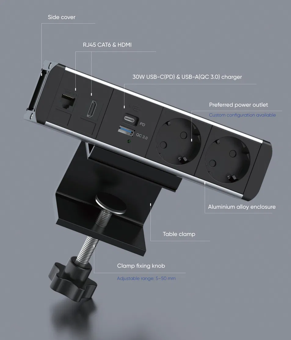 Tomadas de Mesa Multifuncionais com Pd20W Cabo Retrátil USB-C 3AC 2USB Protetor de Surto de Energia Montado na Mesa