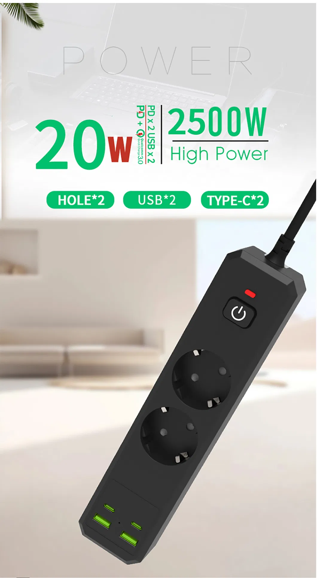 Protetor de Surto Europeu de Alta Qualidade 2500W 110-250V Tomadas Superficiais e Acessórios