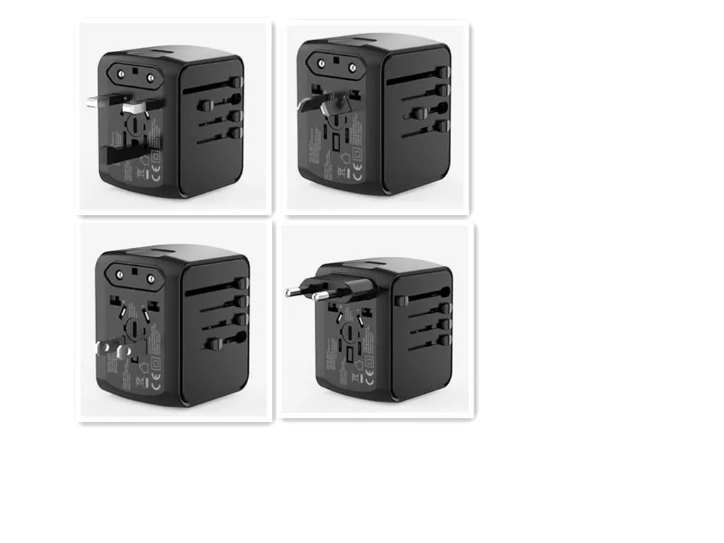Adaptador de Saída de Energia Portátil Protetor de Plugue Conversor de Tomada Multi País 3 Adaptador USB e Tipo-C para Escritório Escola Viagem Preto