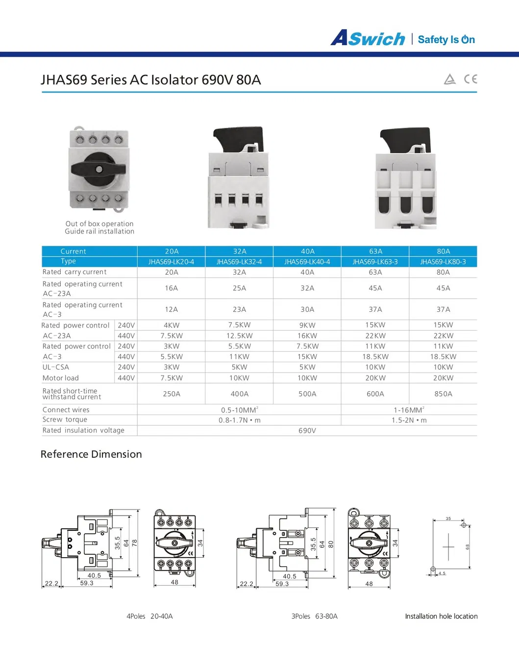 IP65 230V/440V/690V AC 10A 16A 20A 25A 32A 40A 50A 63A 80A Interruptor Isolador AC Solar PV à Prova d'Água e à Prova de Intempéries