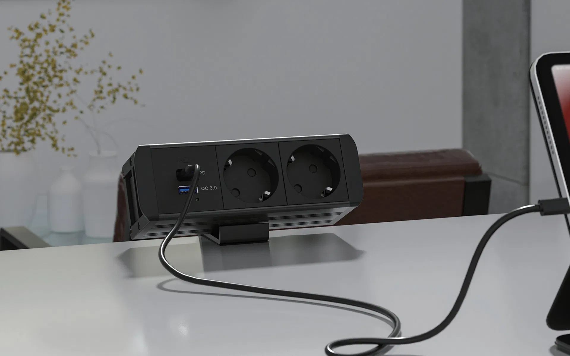 Tomadas de Mesa Multifuncionais com Pd20W Cabo Retrátil USB-C 3AC 2USB Protetor de Surto de Energia Montado na Mesa