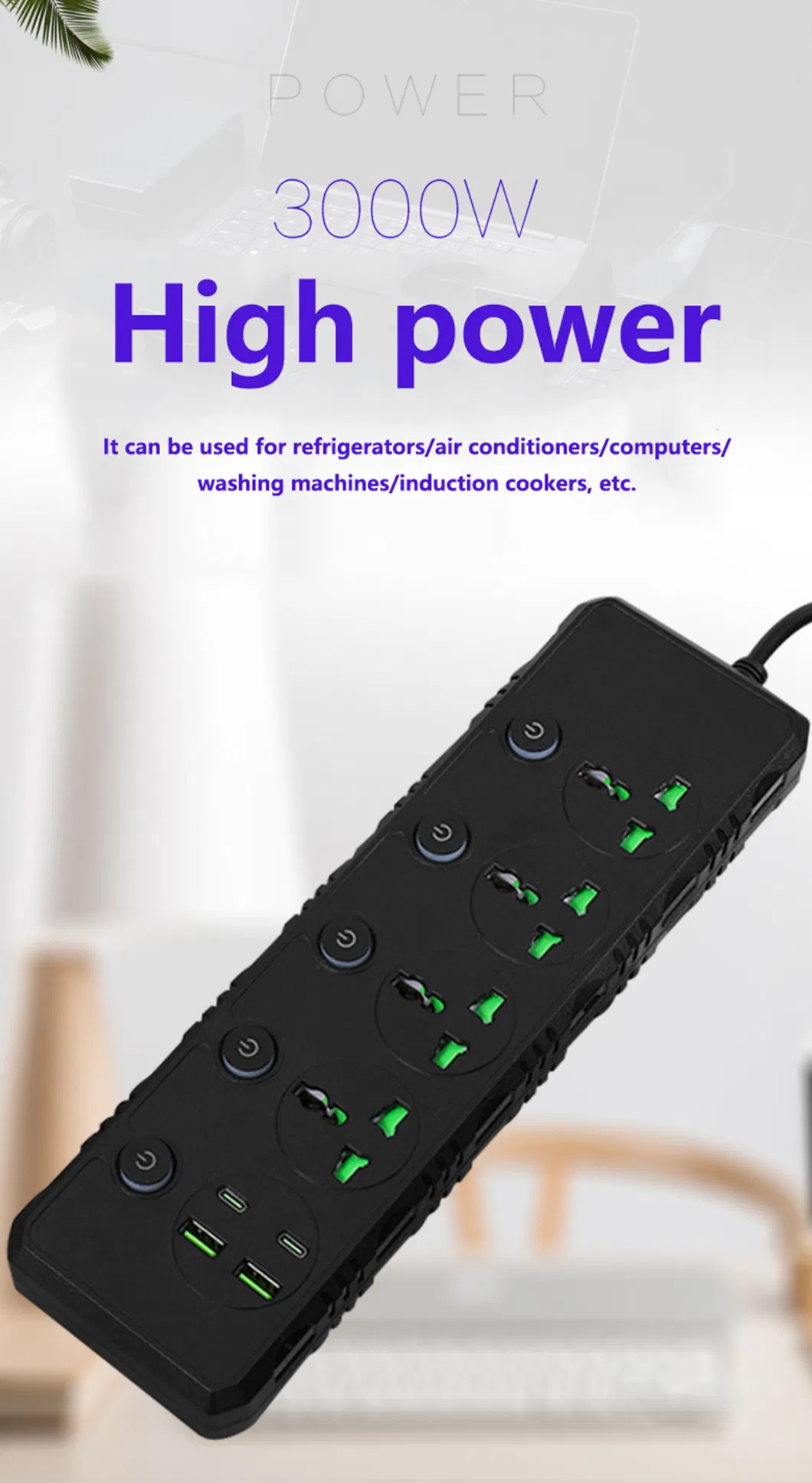 3000W Fitas de Energia Multi Plug de Alta Potência com 2 M Fio