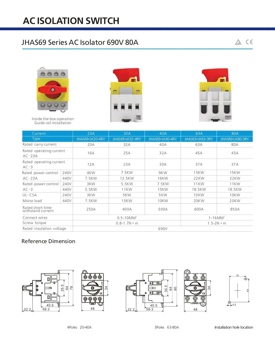 IP65 230V/440V/690V AC 10A 16A 20A 25A 32A 40A 50A 63A 80A Interruptor Isolador AC Solar PV à Prova d'Água e à Prova de Intempéries