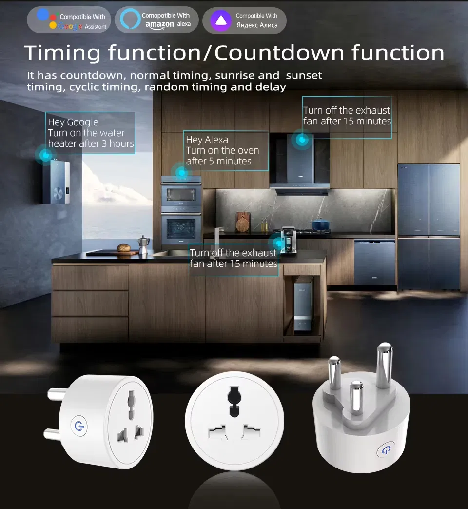 Adaptador de Plugue Inteligente Tuya Índia África do Sul para Tomada Universal Inteligente com Monitor de Energia Alexa Google, 6 Modos de Temporização, Controle em Grupo
