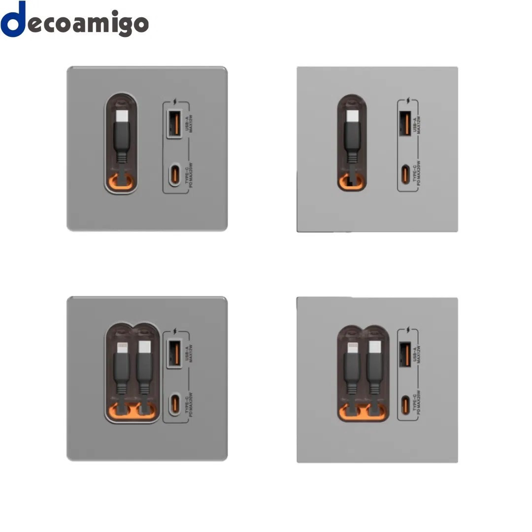 Decoamigo Inovador 2025 Soquete USB Multifuncional com Cabo de Carregamento 20W Painel de Tomada de Energia Tipo C para Parede