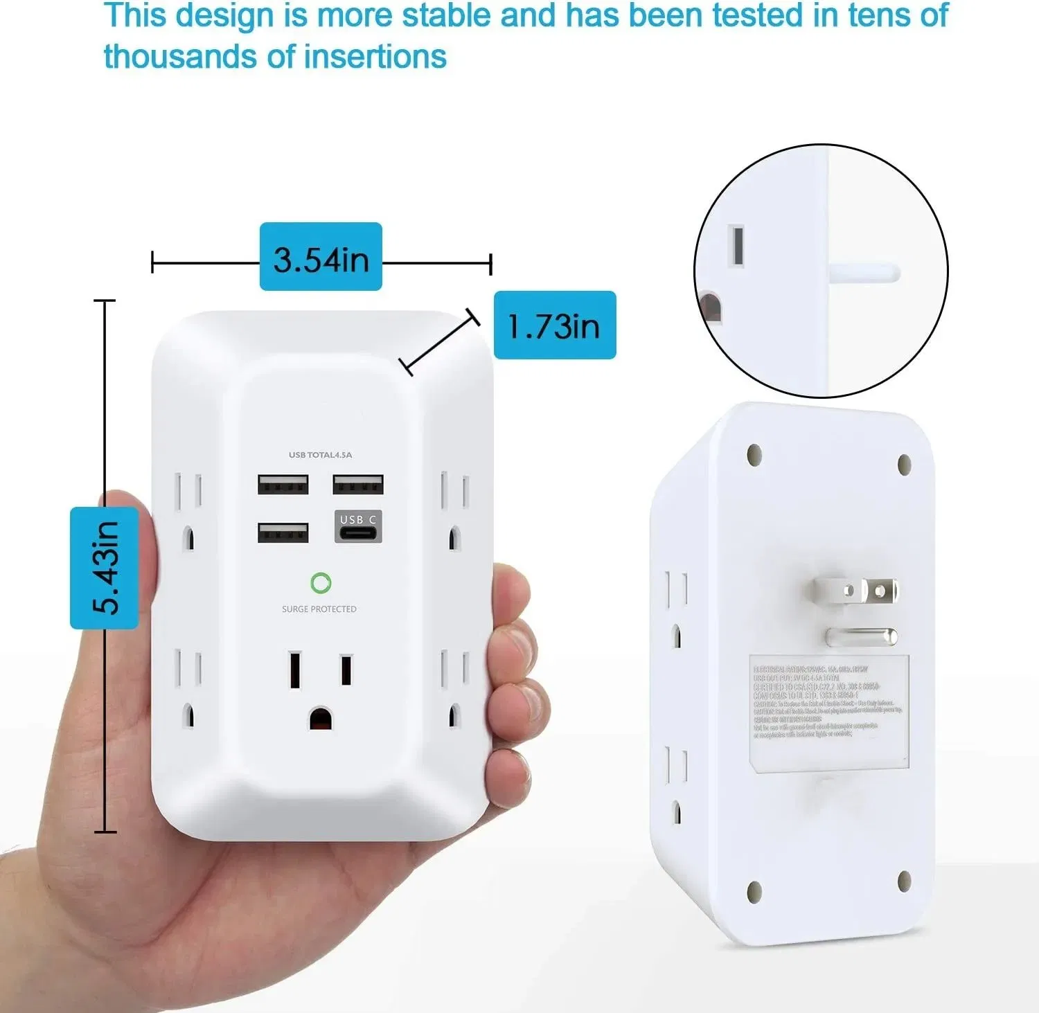 Carregador de Parede Protetor contra Sobretensão 6 Extensor de Energia com 3 Portas de Carregamento USB Montar Régua de Energia Multi Plugue Soquete de Energia para Casa Viagem Escritório
